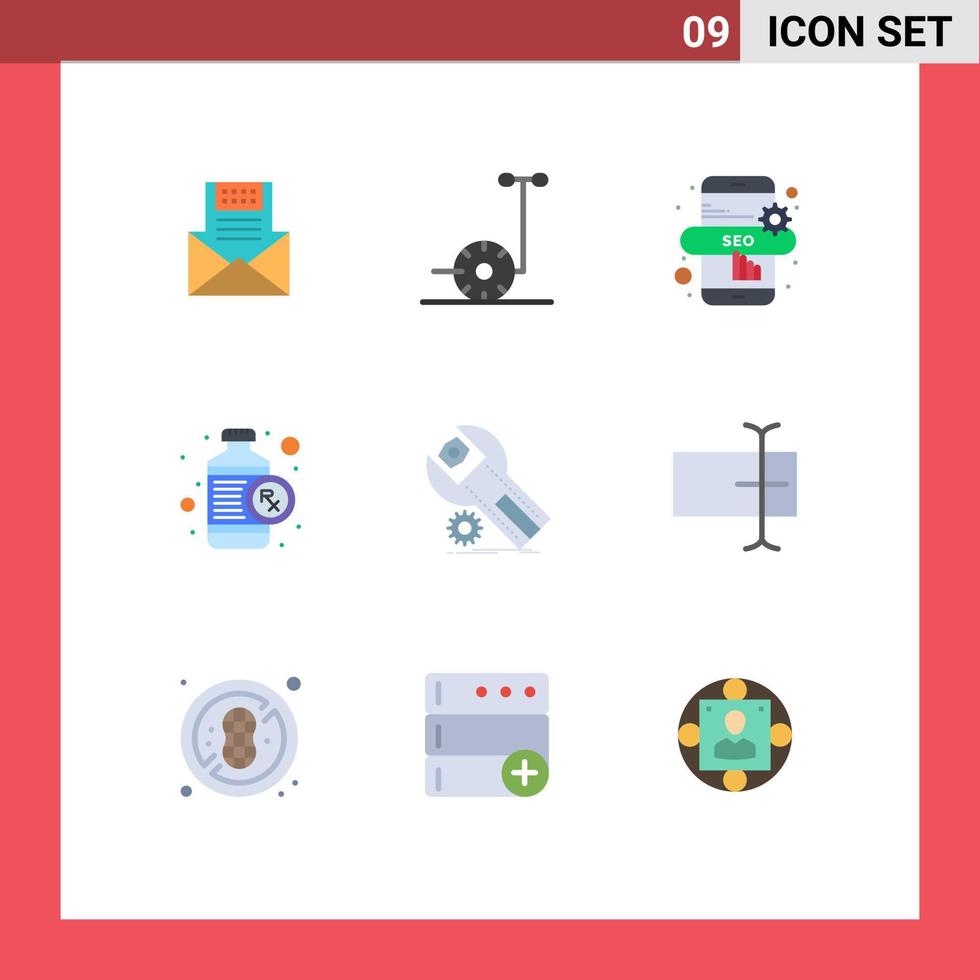 Modern Set of 9 Flat Colors Pictograph of settings medical motor heart seo online Editable Vector Design Elements