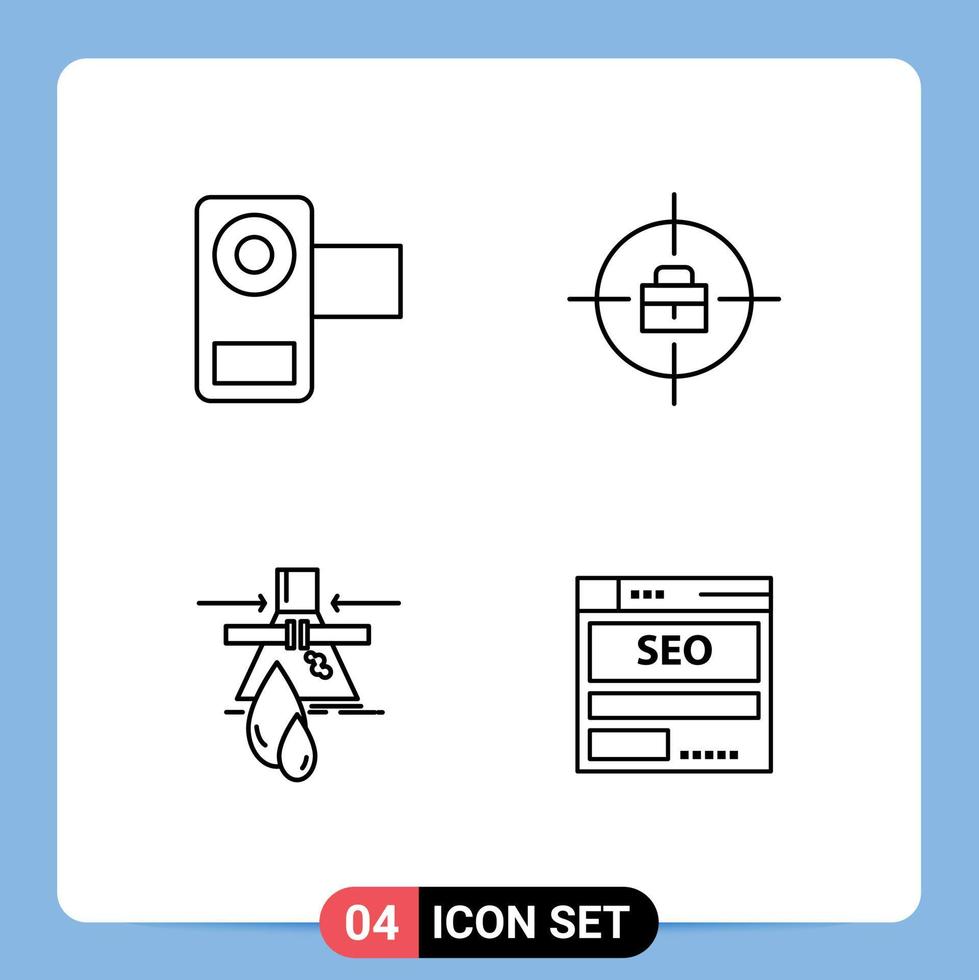 Set of 4 Modern UI Icons Symbols Signs for camera leak movie bag factory Editable Vector Design Elements