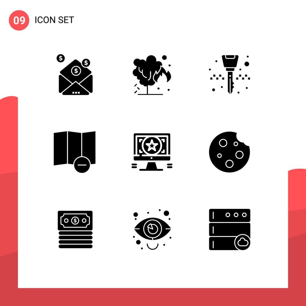 Pack of 9 Modern Solid Glyphs Signs and Symbols for Web Print Media such as monitor design equipment application delete Editable Vector Design Elements