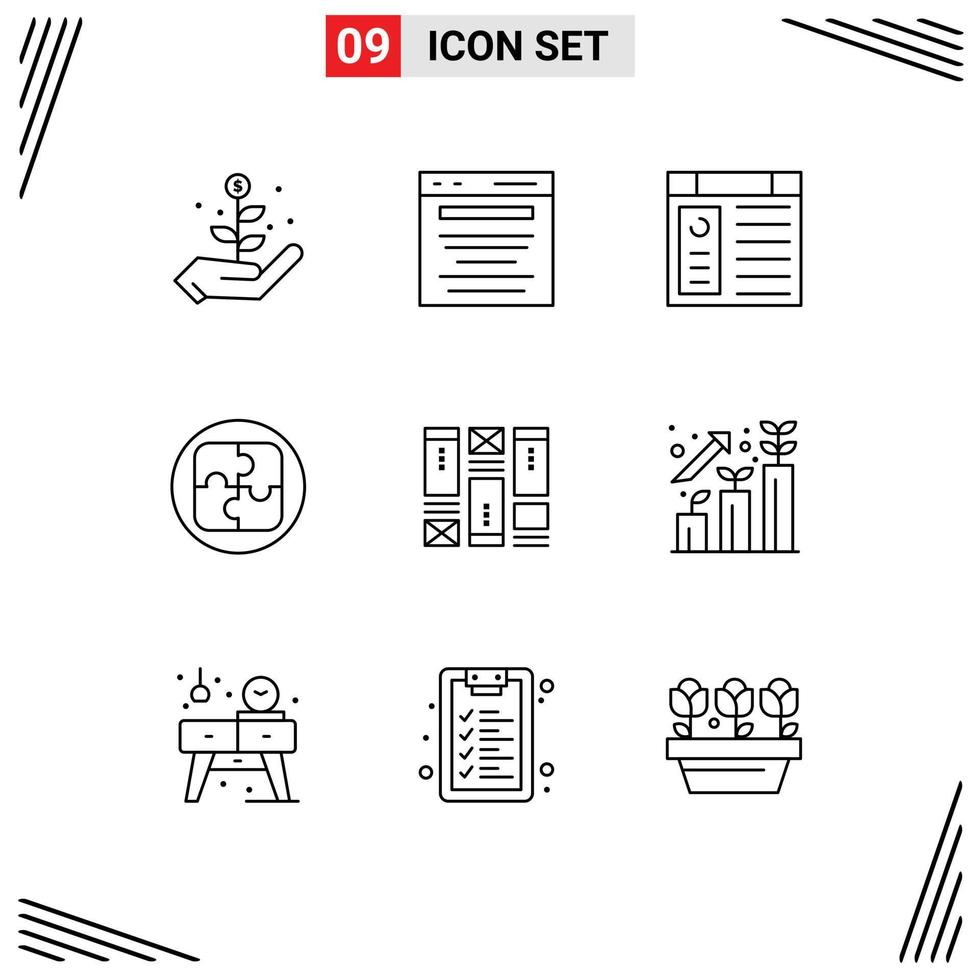 Mobile Interface Outline Set of 9 Pictograms of sketching solution app planning management Editable Vector Design Elements