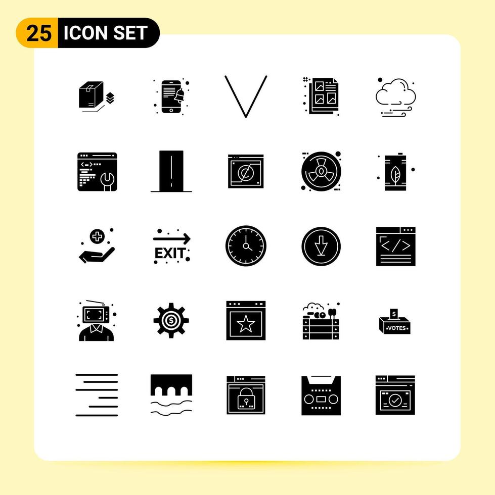 Mobile Interface Solid Glyph Set of 25 Pictograms of development night bottom cloud document Editable Vector Design Elements