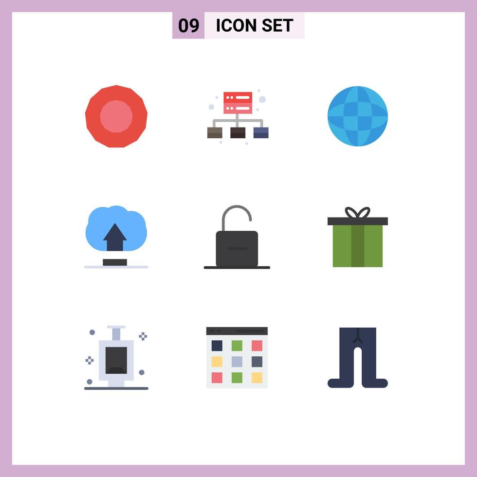 Mobile Interface Flat Color Set of 9 Pictograms of box unlock interface security padlock Editable Vector Design Elements