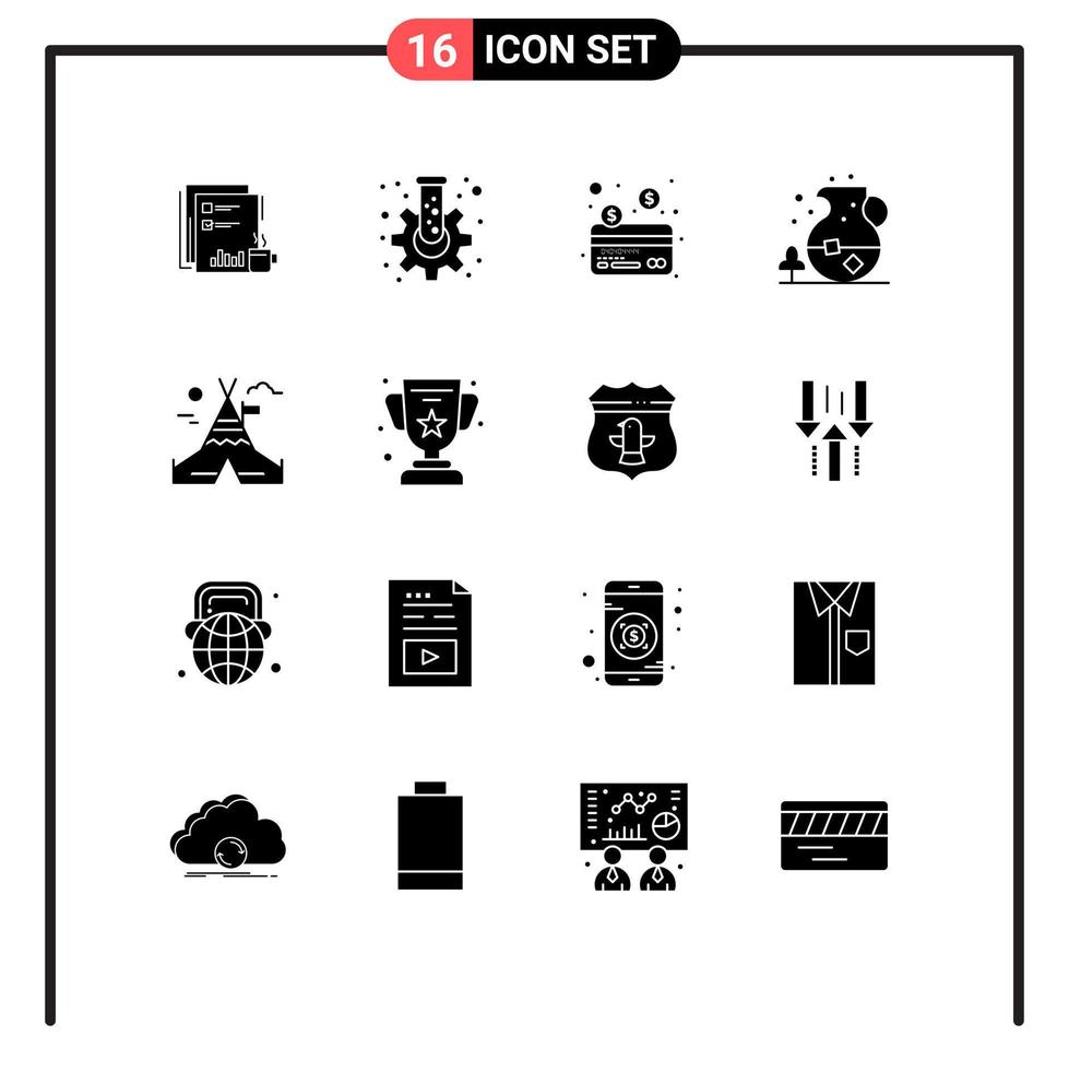 Group of 16 Modern Solid Glyphs Set for drink tea flask ice credit Editable Vector Design Elements