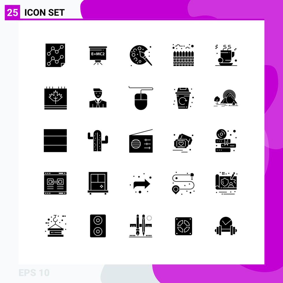Solid Glyph Pack of 25 Universal Symbols of tea real education heating hobby Editable Vector Design Elements