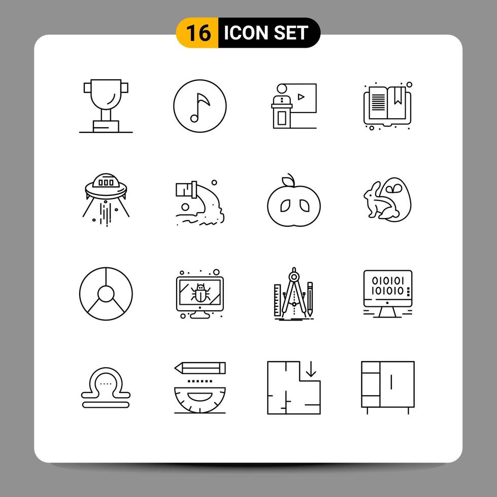 16 User Interface Outline Pack of modern Signs and Symbols of space reading presentation page book Editable Vector Design Elements