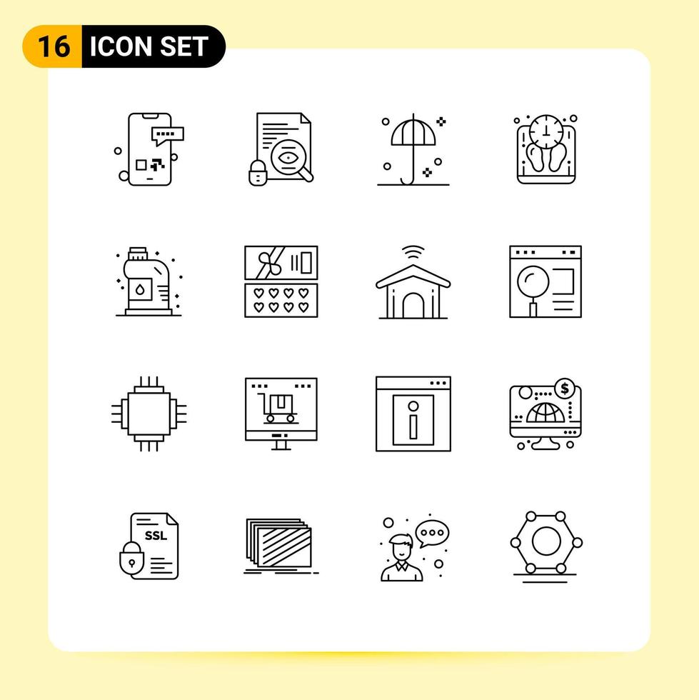 Modern Set of 16 Outlines Pictograph of cleaner weight surveillance mass umbrella Editable Vector Design Elements
