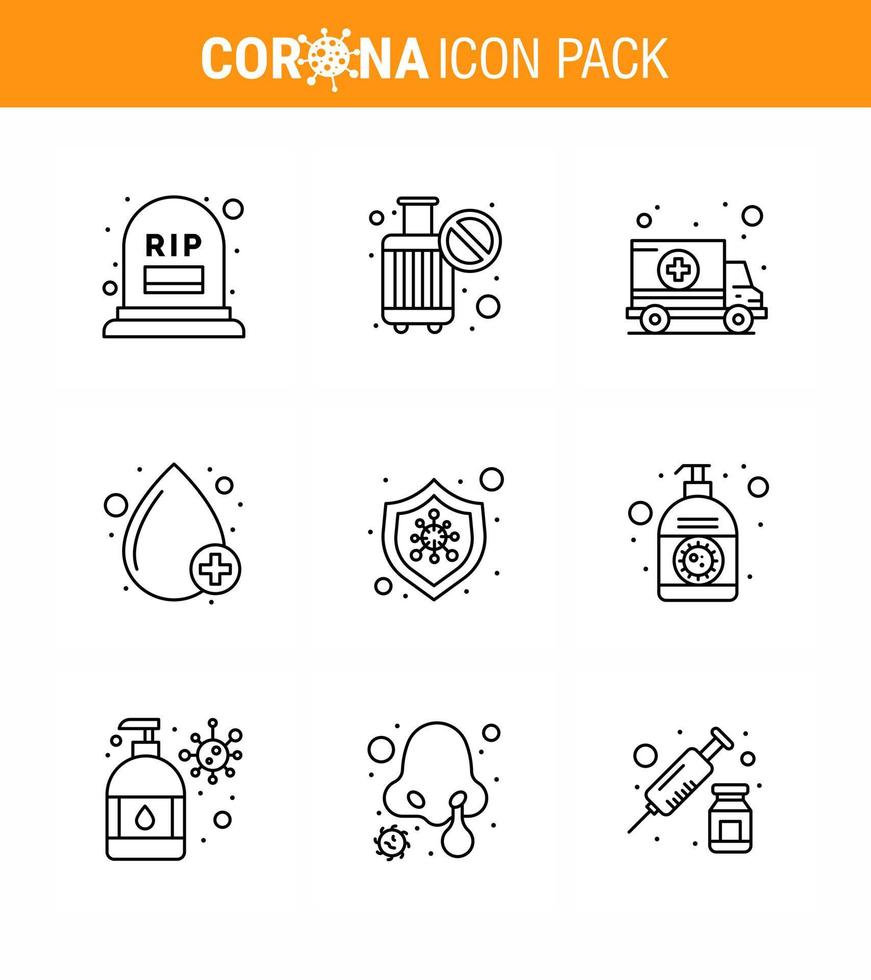 Covid19 icon set for infographic 9 Line pack such as protection positive ambulance type blood viral coronavirus 2019nov disease Vector Design Elements