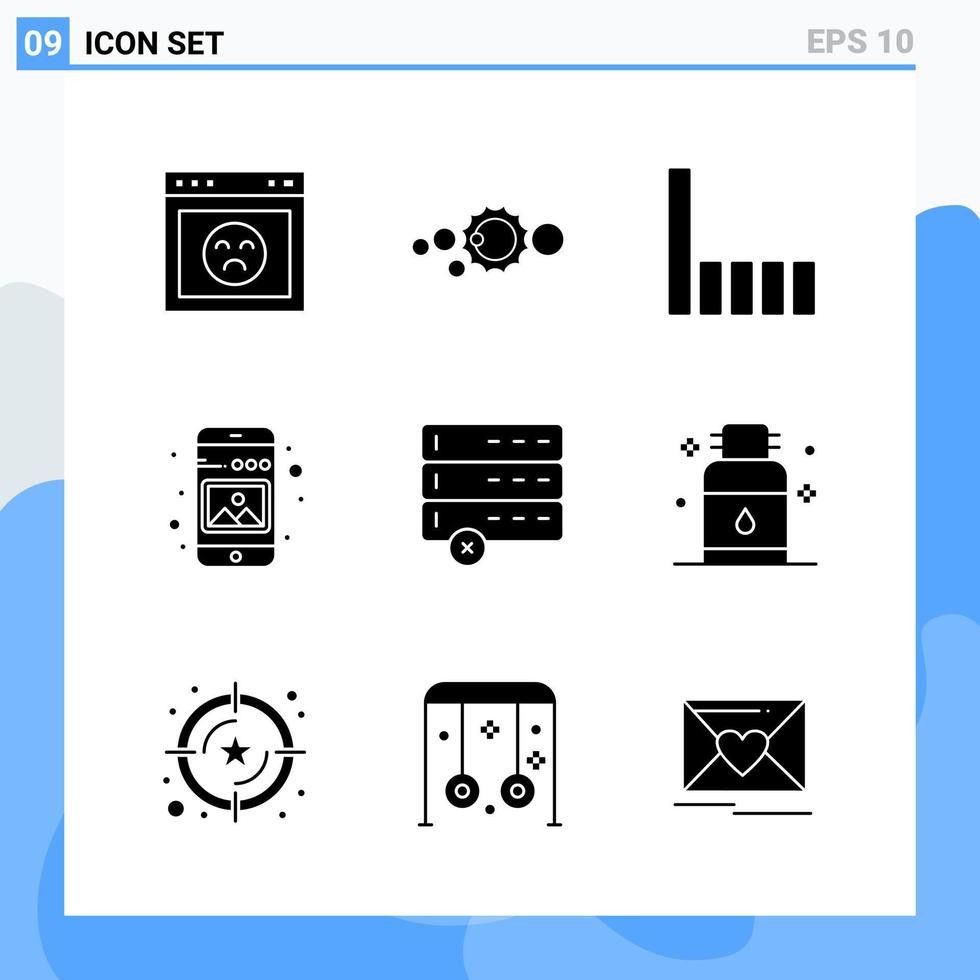 moderno 9 iconos de estilo sólido símbolos de glifo para uso general signo de icono sólido creativo aislado sobre fondo blanco paquete de 9 iconos vector