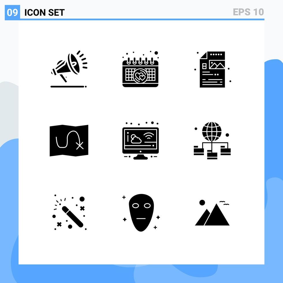 Solid Glyph Pack of 9 Universal Symbols of globe screen file cloudy target Editable Vector Design Elements