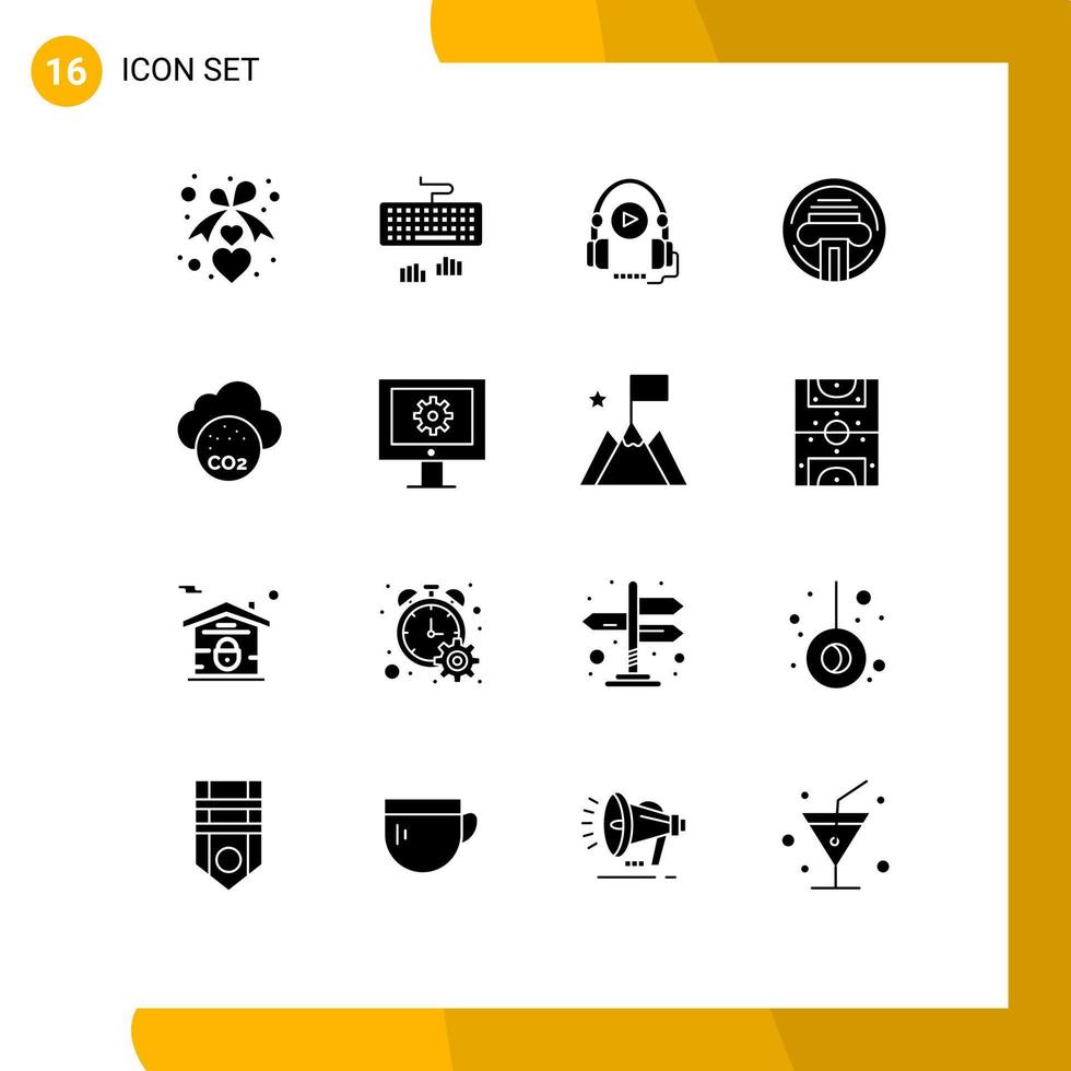 Set of 16 Commercial Solid Glyphs pack for carbone dioxide writer language typewriter printer Editable Vector Design Elements
