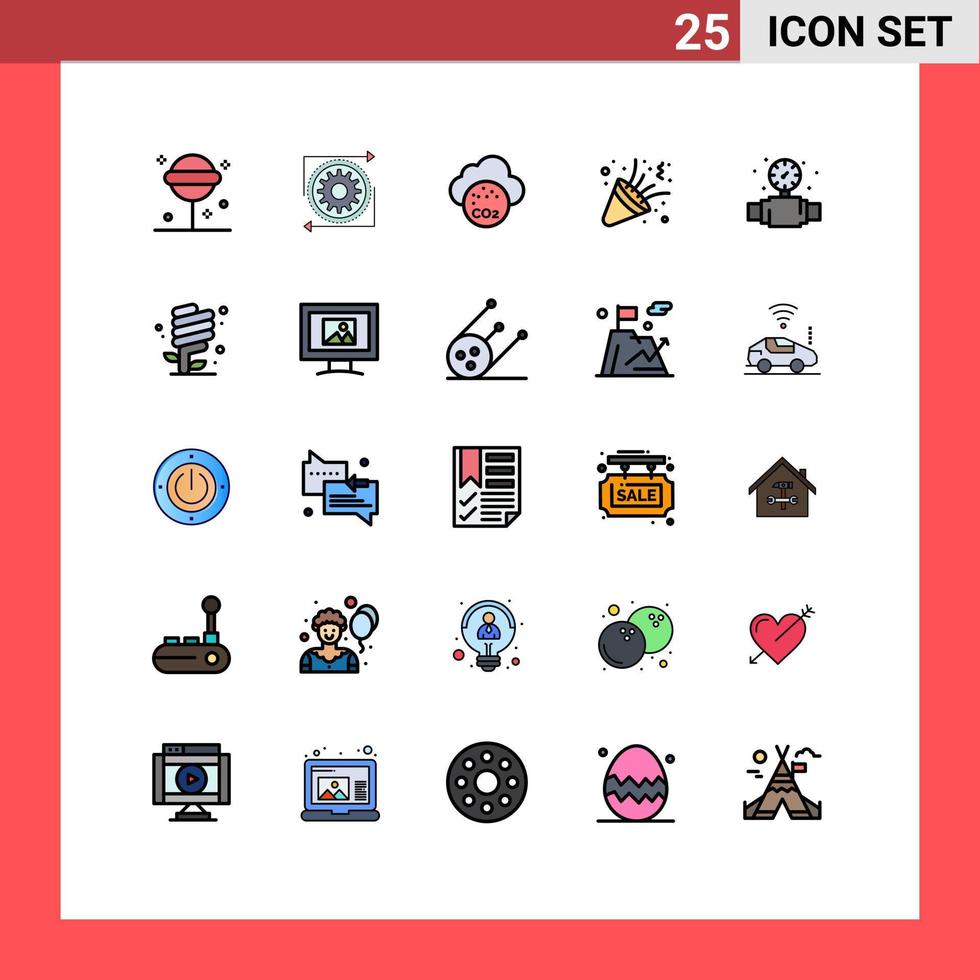 Pictogram Set of 25 Simple Filled line Flat Colors of gauge confetti process celebrate pollution Editable Vector Design Elements