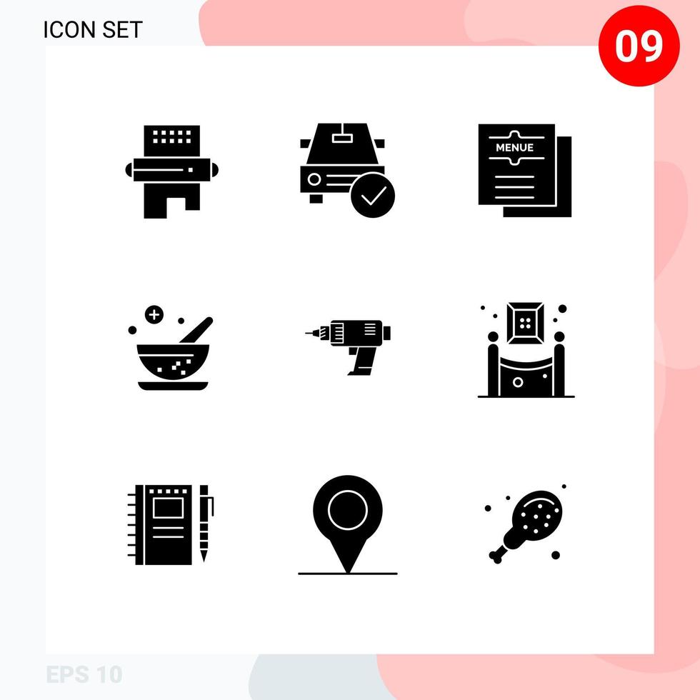User Interface Pack of 9 Basic Solid Glyphs of medical healthcare done restaurant food Editable Vector Design Elements