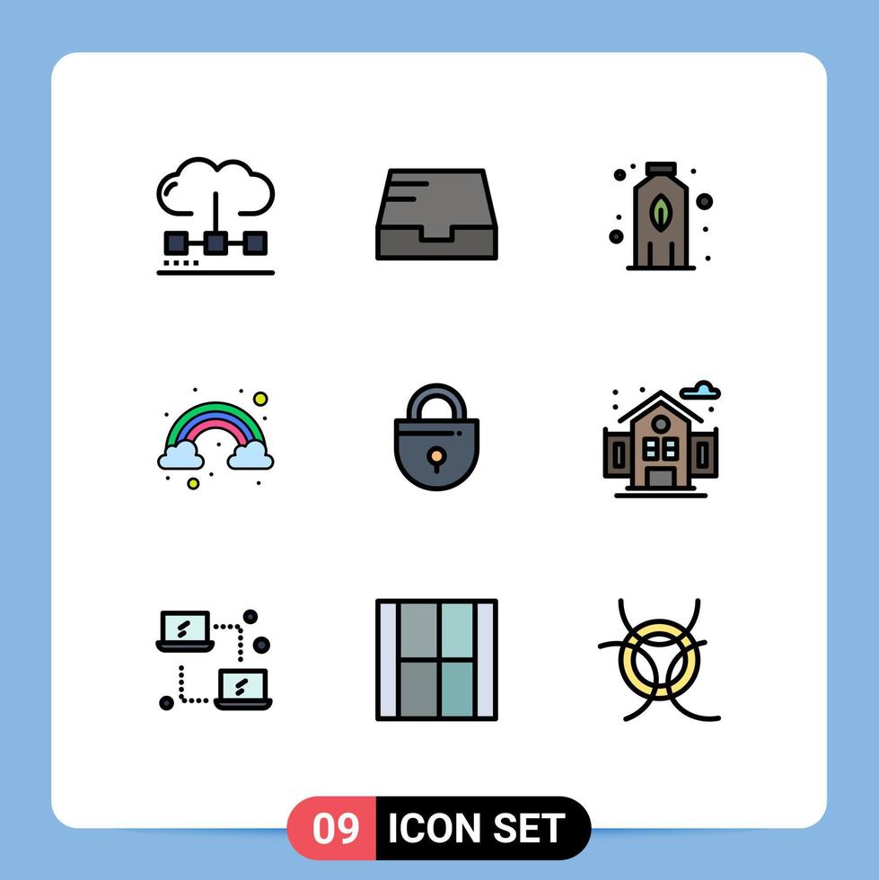 9 concepto de color plano de línea completa para sitios web móviles y aplicaciones botella de bloqueo de seguridad elementos de diseño vectorial editables de arco iris de Internet vector