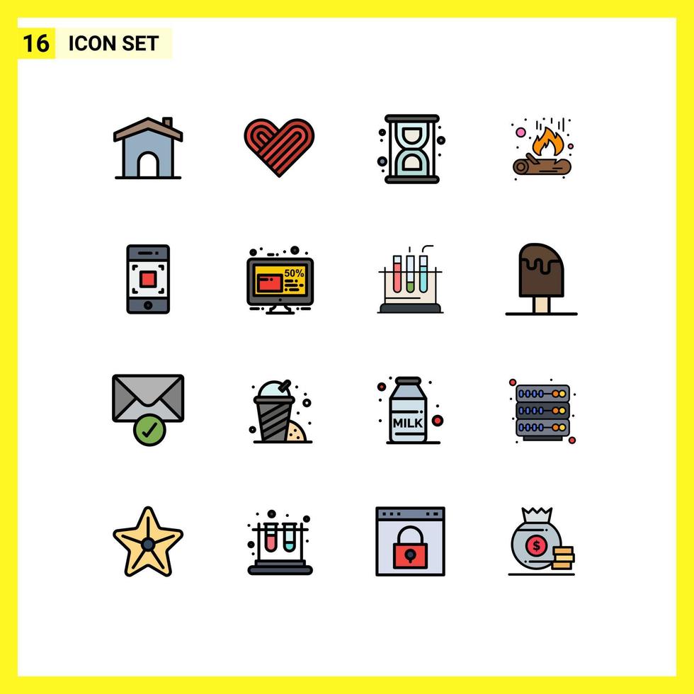 16 líneas llenas de color plano universal signos símbolos de descuento smartphone carga llama móvil elementos de diseño de vectores creativos editables