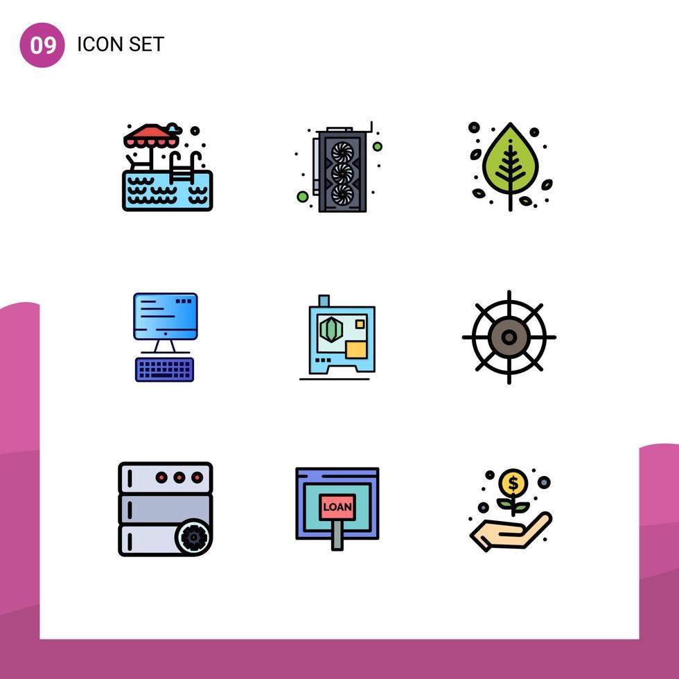 Mobile Interface Filledline Flat Color Set of 9 Pictograms of scanner printer leaf computing keyboard Editable Vector Design Elements