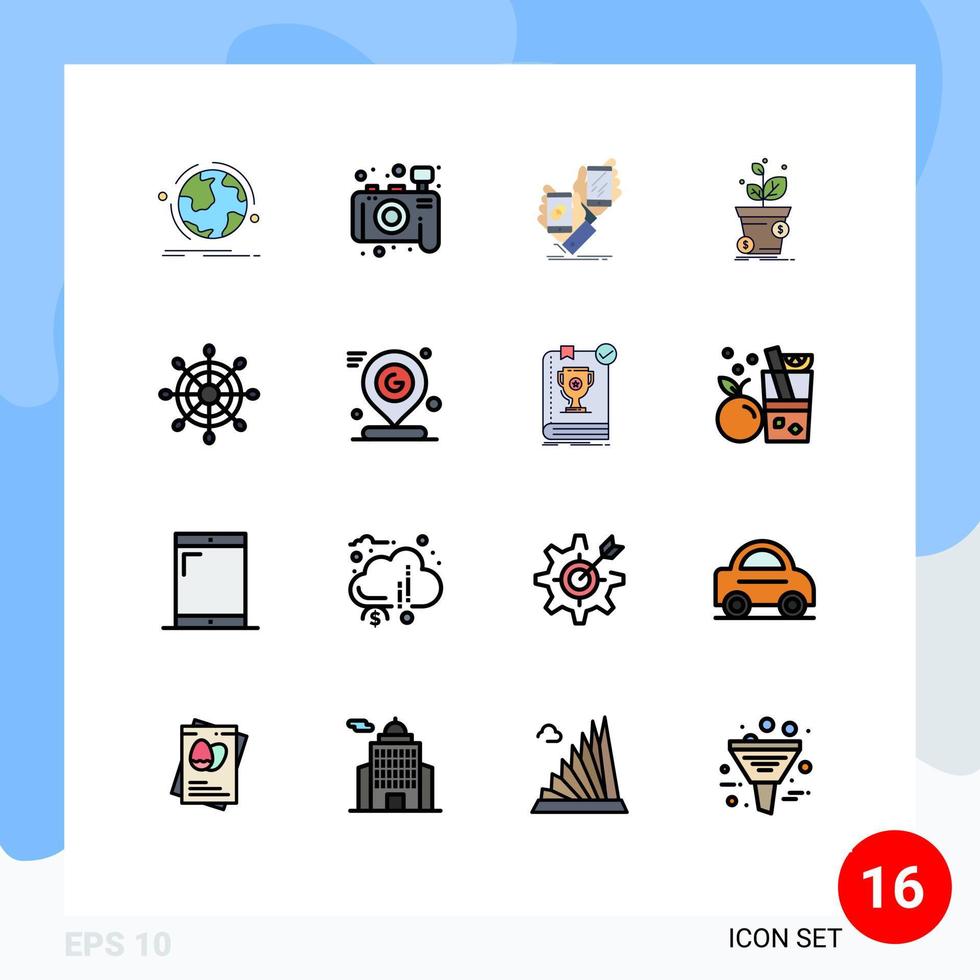 grupo de 16 líneas rellenas de color plano, signos y símbolos para el crecimiento de la conciencia empresarial, elementos de diseño de vectores creativos editables del producto