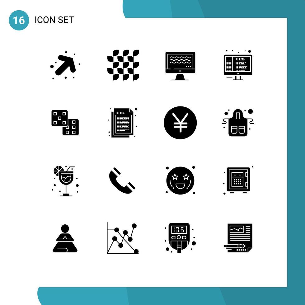 Pictogram Set of 16 Simple Solid Glyphs of gaming programming live html code Editable Vector Design Elements