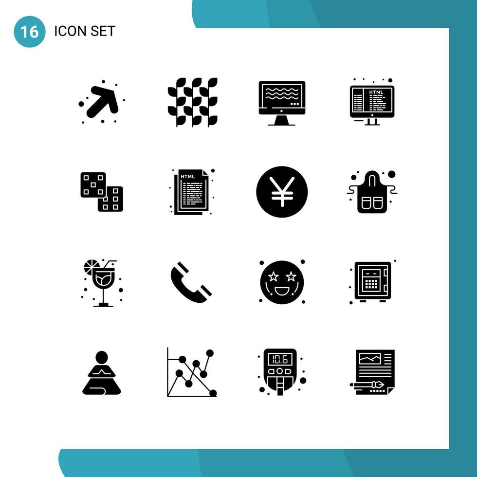 conjunto de pictogramas de 16 glifos sólidos simples de programación de juegos elementos de diseño vectorial editables de código html en vivo vector