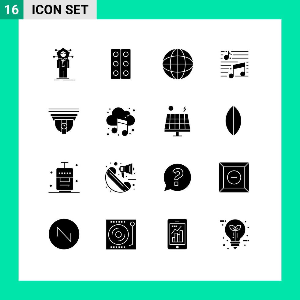 Set of 16 Vector Solid Glyphs on Grid for camera song tray note music Editable Vector Design Elements