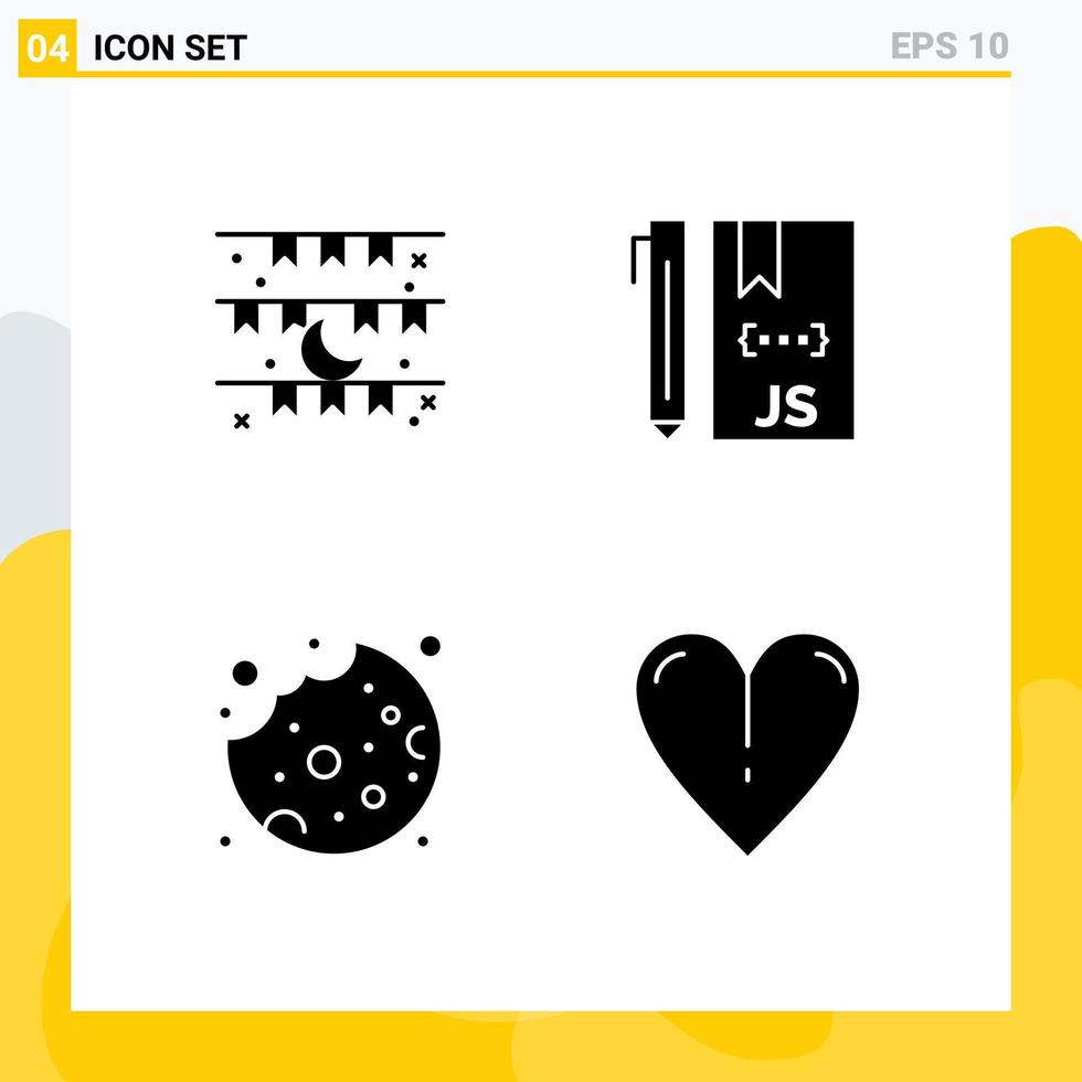 Universal Icon Symbols Group of 4 Modern Solid Glyphs of moon programming decoration coding cookie Editable Vector Design Elements