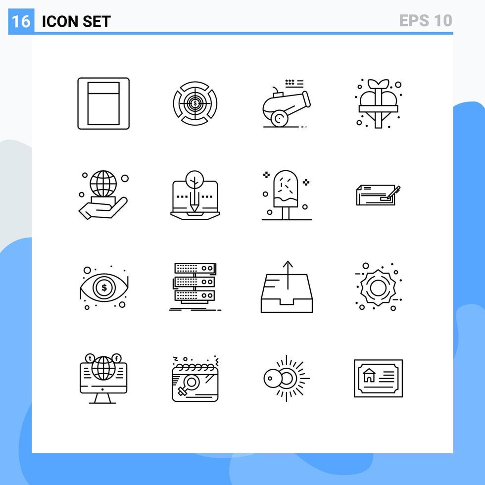 Pictogram Set of 16 Simple Outlines of business hand cannon add love Editable Vector Design Elements