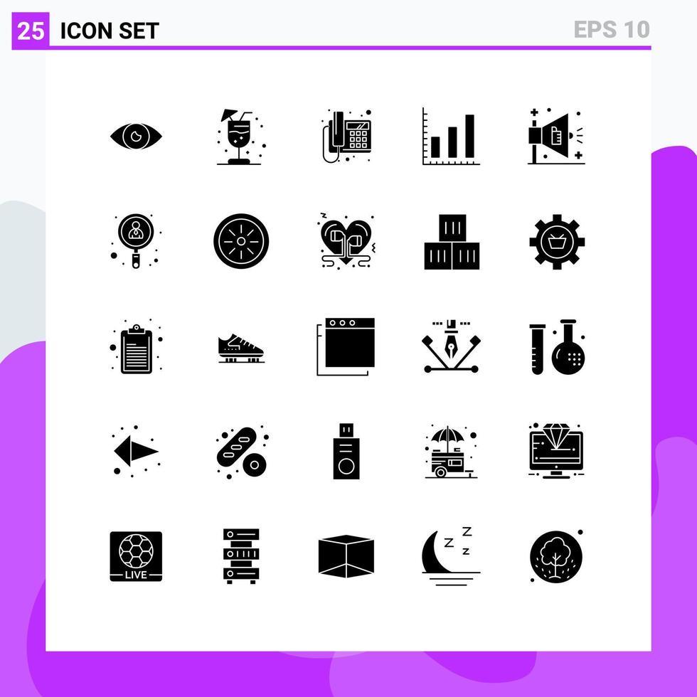 Pack of 25 Modern Solid Glyphs Signs and Symbols for Web Print Media such as marketing ad call stats marketing Editable Vector Design Elements