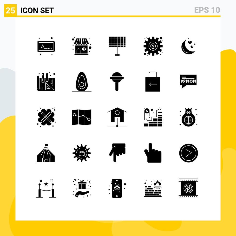 25 User Interface Solid Glyph Pack of modern Signs and Symbols of blueprints love solar night setting Editable Vector Design Elements