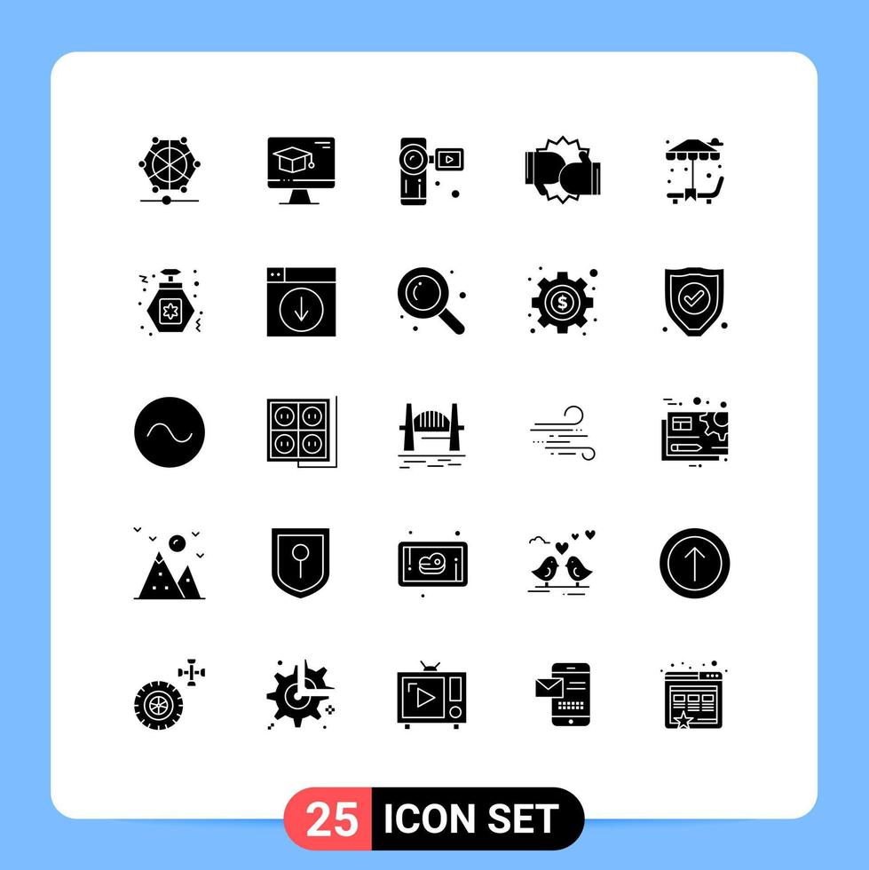 Set of 25 Modern UI Icons Symbols Signs for sun bed fight camcorder competition box Editable Vector Design Elements