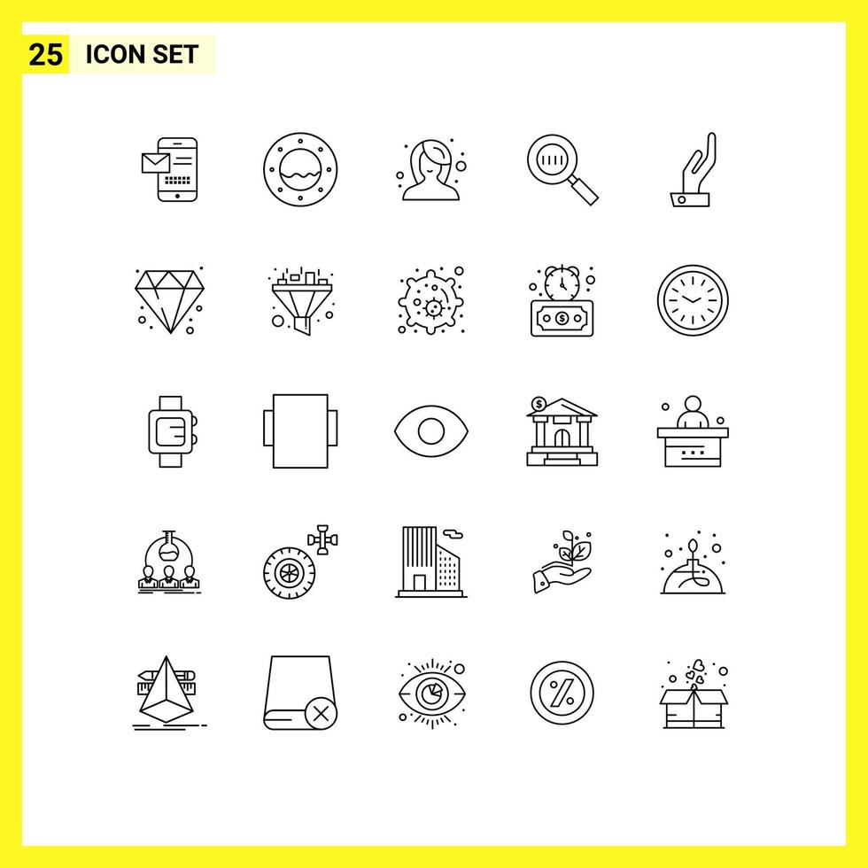 Universal Icon Symbols Group of 25 Modern Lines of hand magnifying beauty magnifier code Editable Vector Design Elements