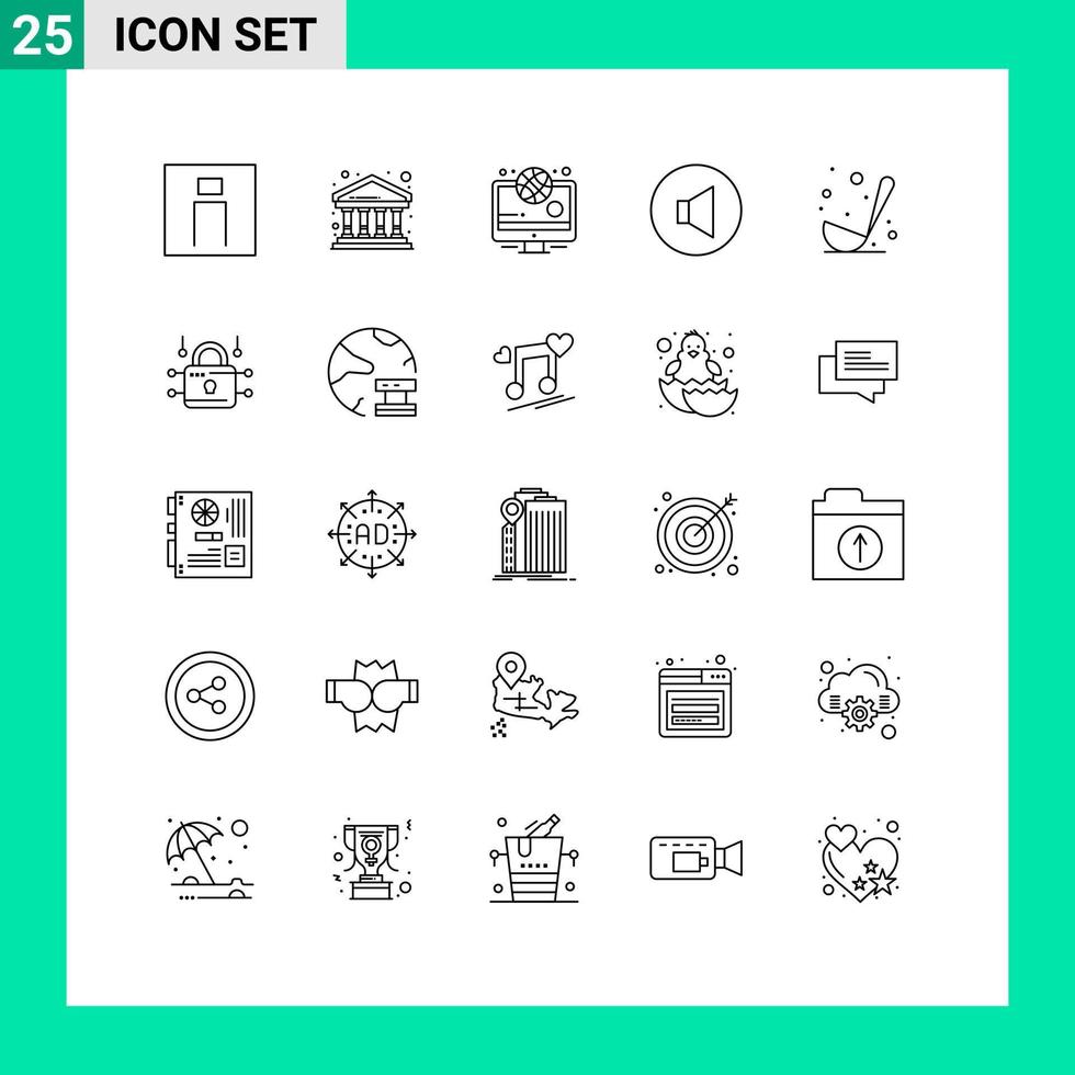 Stock Vector Icon Pack of 25 Line Signs and Symbols for kitchen cooking building volume sound Editable Vector Design Elements