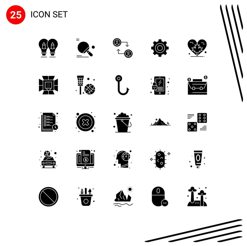 Mobile Interface Solid Glyph Set of 25 Pictograms of heart gear ping pong general swap Editable Vector Design Elements