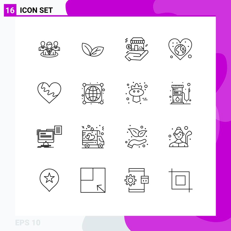 conjunto de 16 iconos de interfaz de usuario modernos símbolos signos para corazón amor negocio mundo tierra elementos de diseño vectorial editables vector