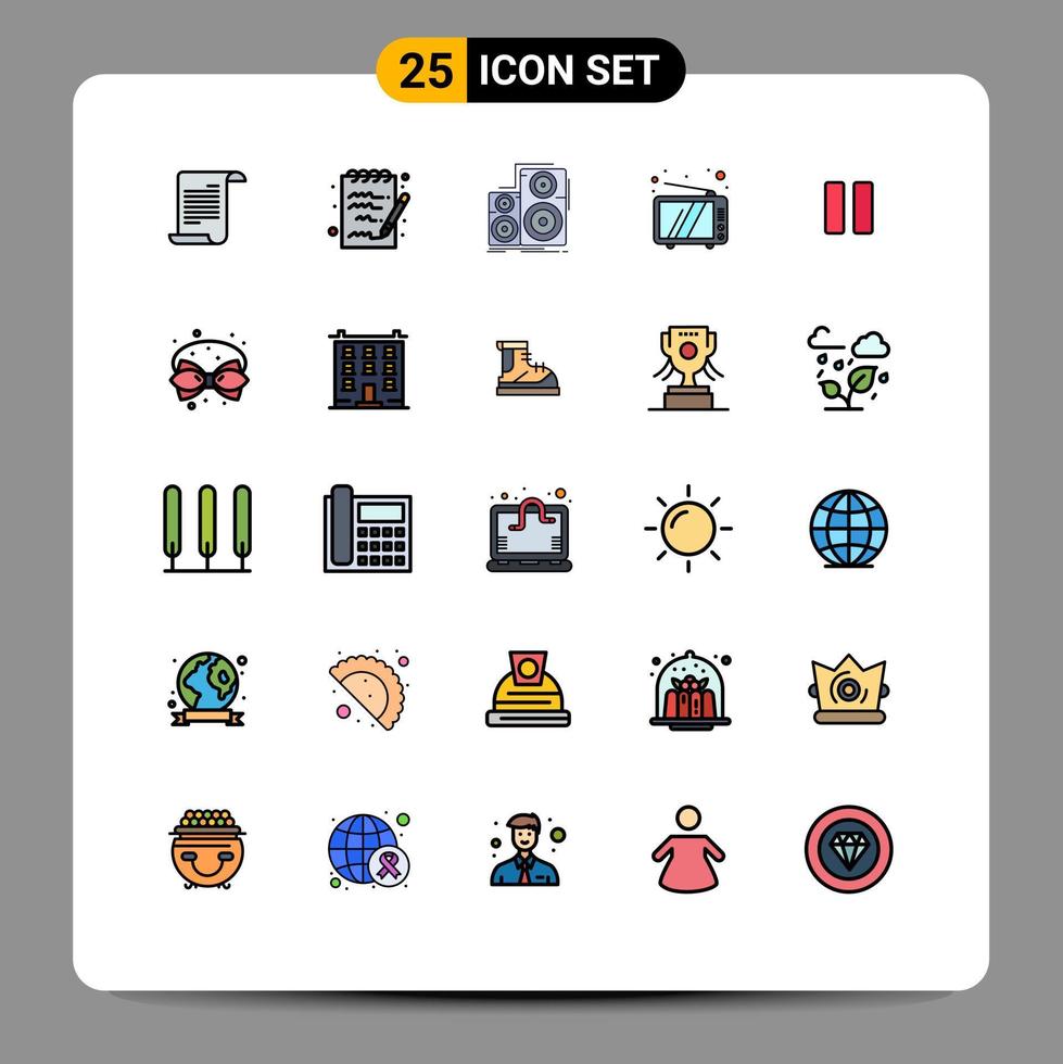 User Interface Pack of 25 Basic Filled line Flat Colors of media device hifi tv retro Editable Vector Design Elements