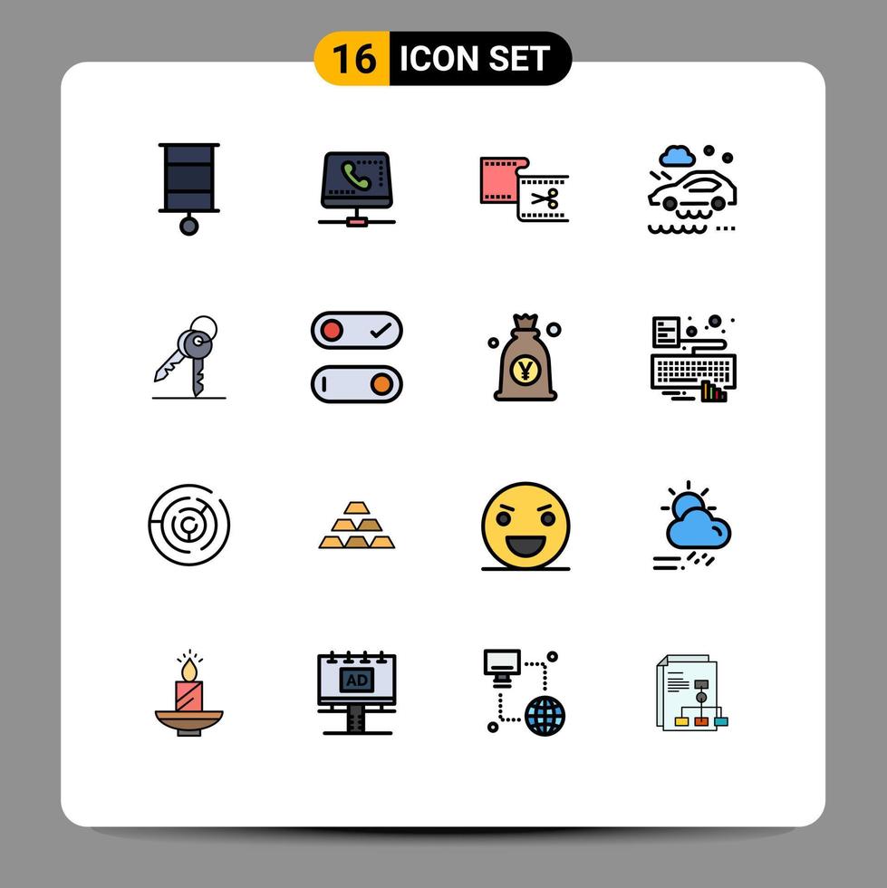 Universal Icon Symbols Group of 16 Modern Flat Color Filled Lines of wet road car computing bad weather condition editing Editable Creative Vector Design Elements