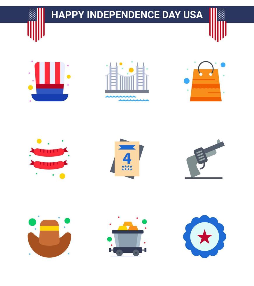 Set of 9 Modern Flats pack on USA Independence Day invitation frankfurter tourism food packages Editable USA Day Vector Design Elements