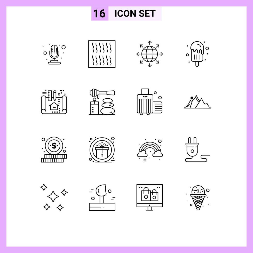 Editable Vector Line Pack of 16 Simple Outlines of scheme architecture network apartment ice cream Editable Vector Design Elements