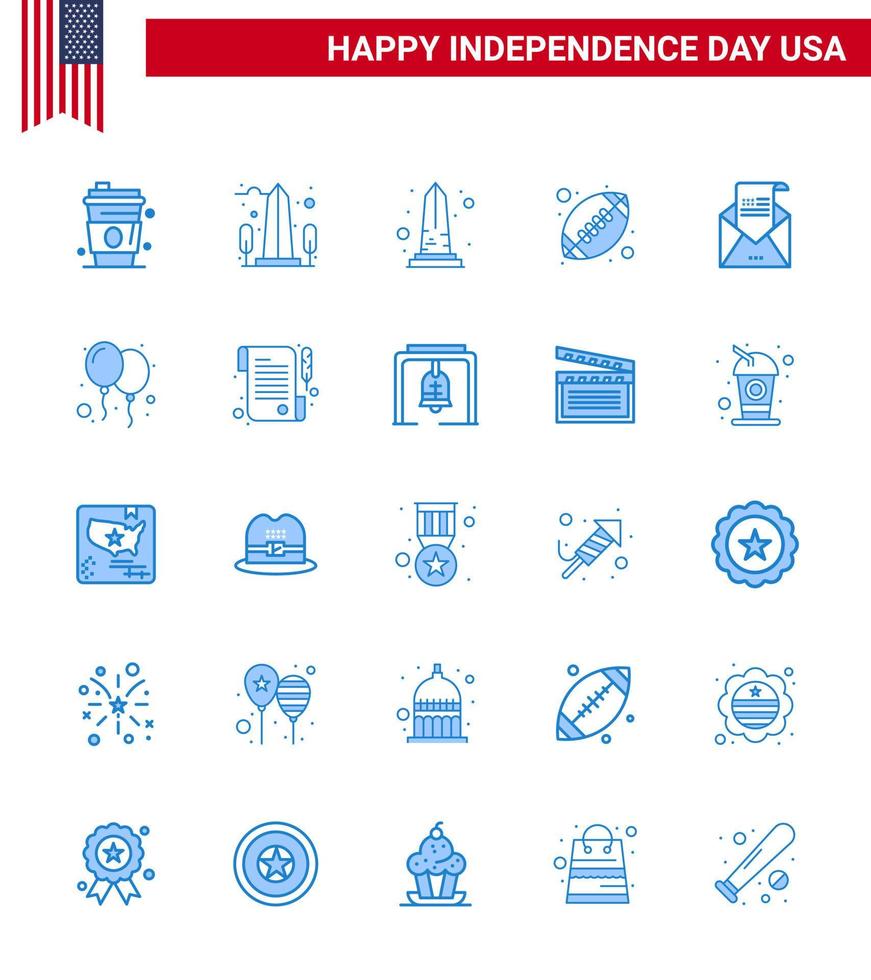Happy Independence Day 4th July Set of 25 Blues American Pictograph of mail greeting washington envelope american ball Editable USA Day Vector Design Elements