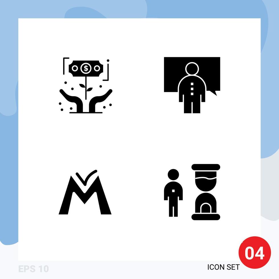 Pack of 4 Modern Solid Glyphs Signs and Symbols for Web Print Media such as finance presentation investor conference coin Editable Vector Design Elements
