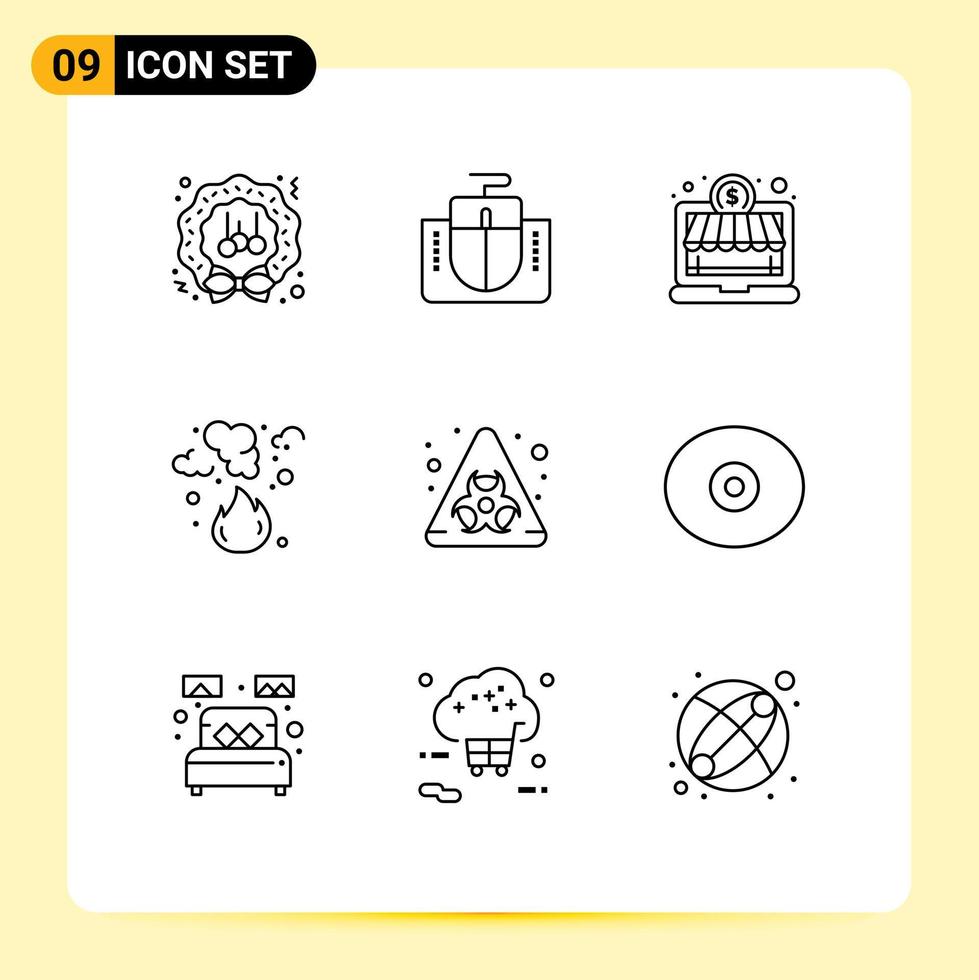 Stock Vector Icon Pack of 9 Line Signs and Symbols for biohazard pollution computer garbage burn Editable Vector Design Elements