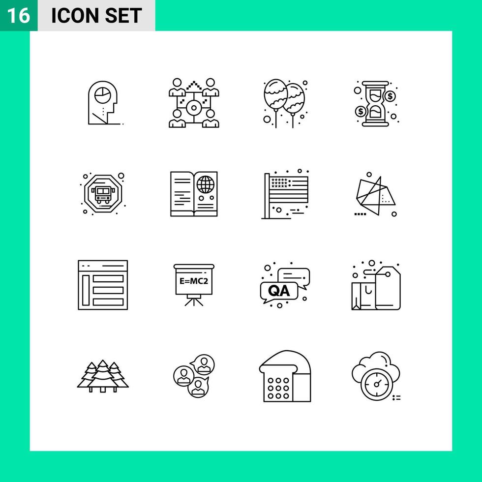 Pack of 16 Modern Outlines Signs and Symbols for Web Print Media such as bus loading balloon hour celebrate Editable Vector Design Elements