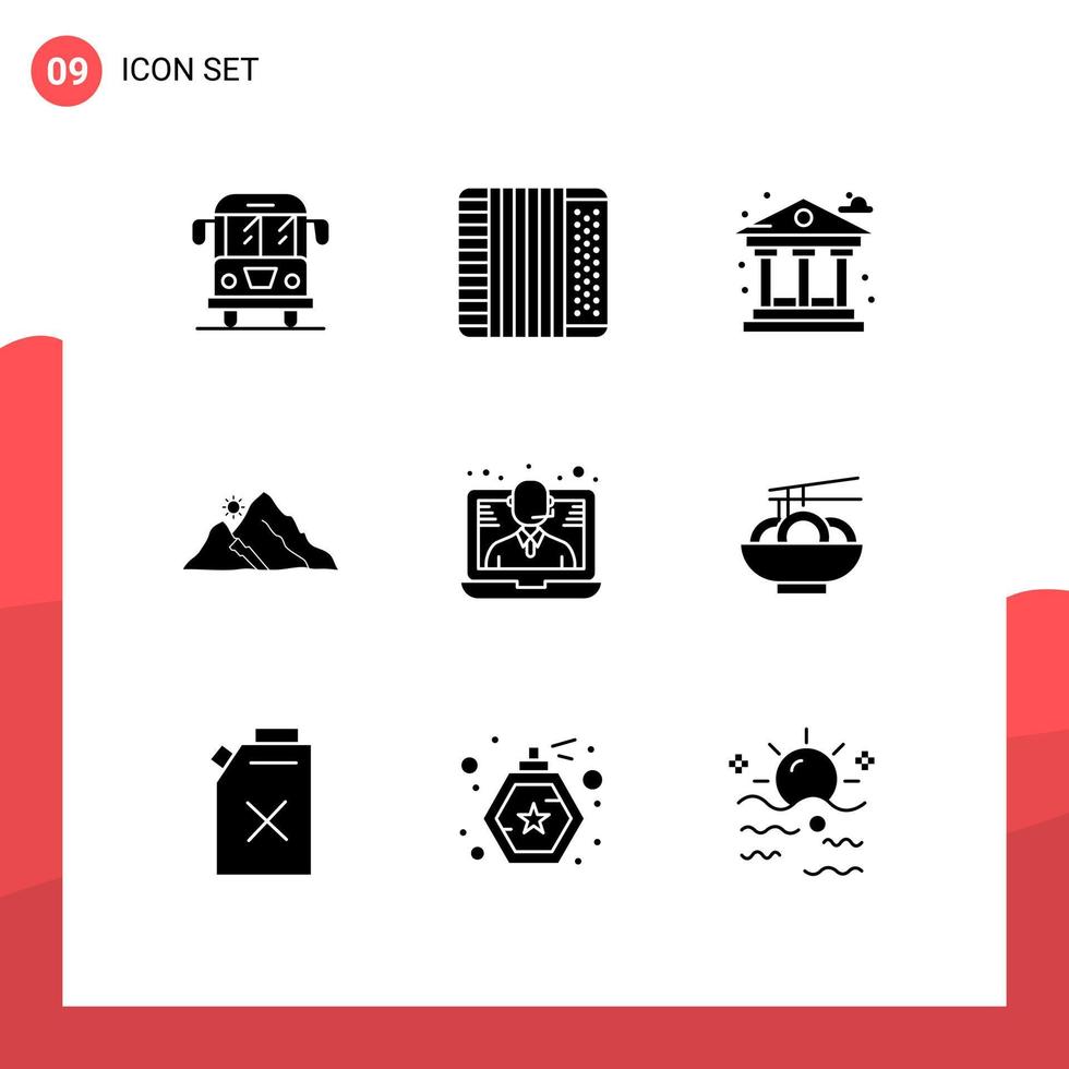 9 User Interface Solid Glyph Pack of modern Signs and Symbols of conference nature city hill mountain Editable Vector Design Elements