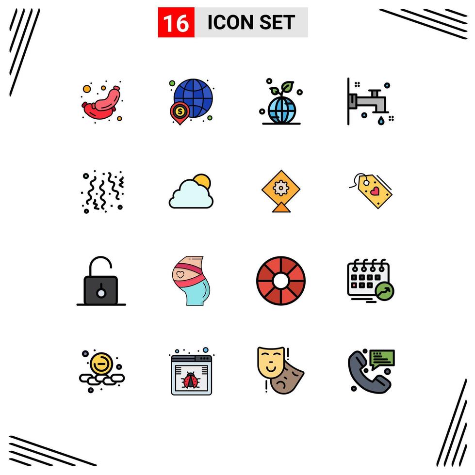Universal Icon Symbols Group of 16 Modern Flat Color Filled Lines of birthday bath world faucet save Editable Creative Vector Design Elements