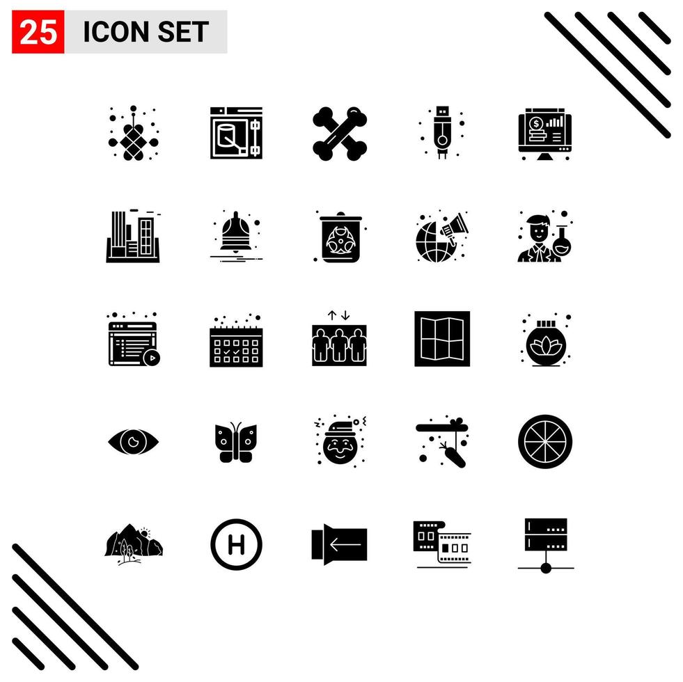 25 Universal Solid Glyph Signs Symbols of web dollar bone health usb adapter Editable Vector Design Elements