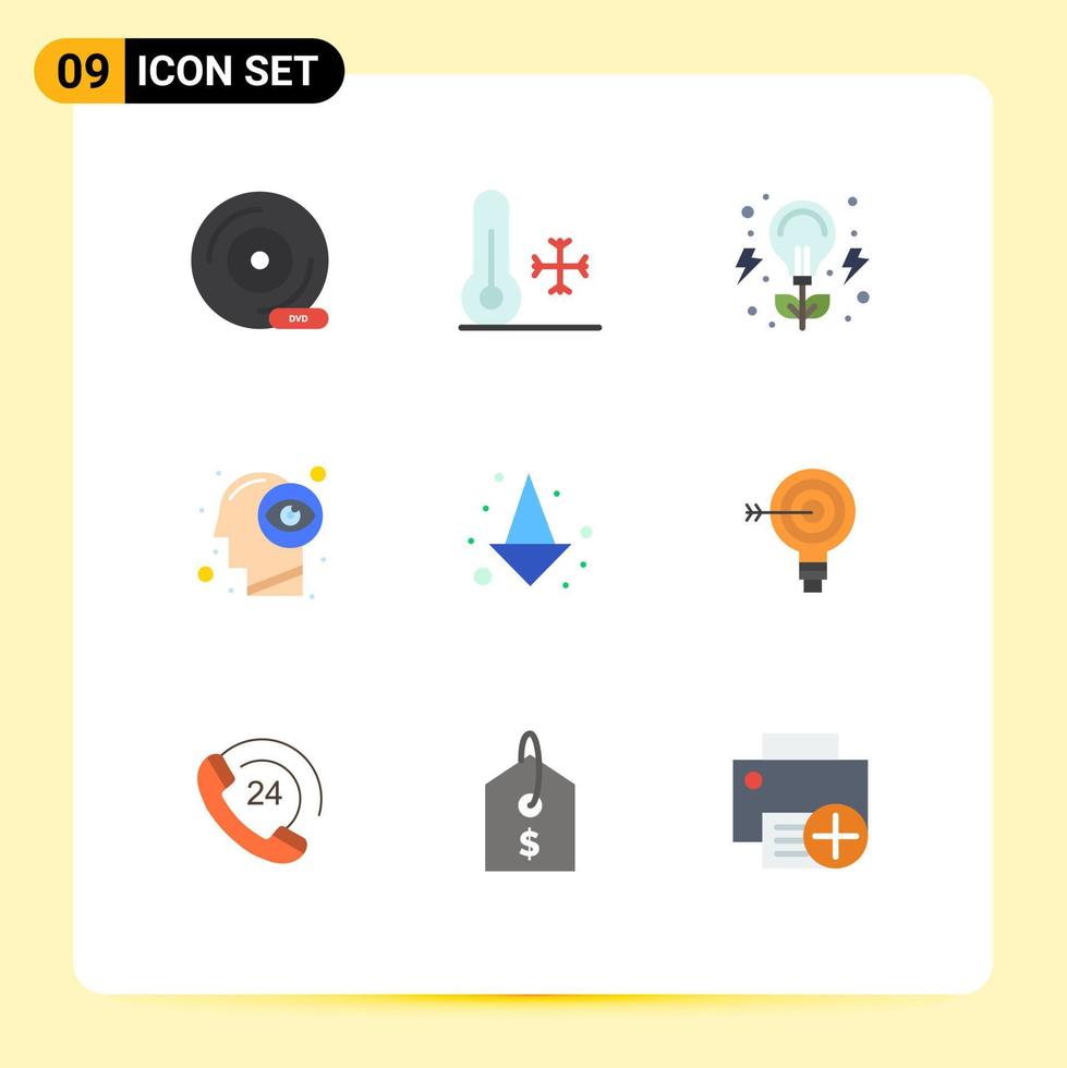 Group of 9 Flat Colors Signs and Symbols for arrow vision weather mind nature Editable Vector Design Elements
