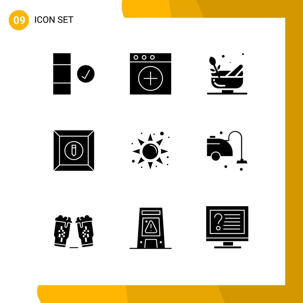 Universal Icon Symbols Group of 9 Modern Solid Glyphs of cleaner sun bowl rise product Editable Vector Design Elements