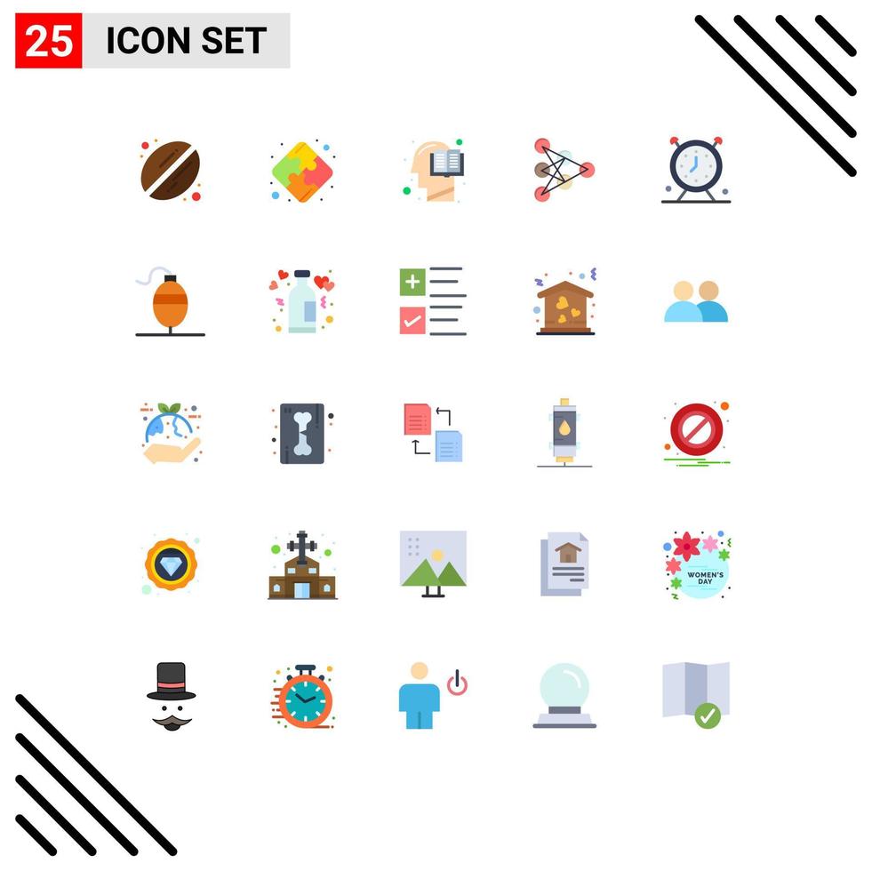 Flat Color Pack of 25 Universal Symbols of schedule alarm head data deep Editable Vector Design Elements