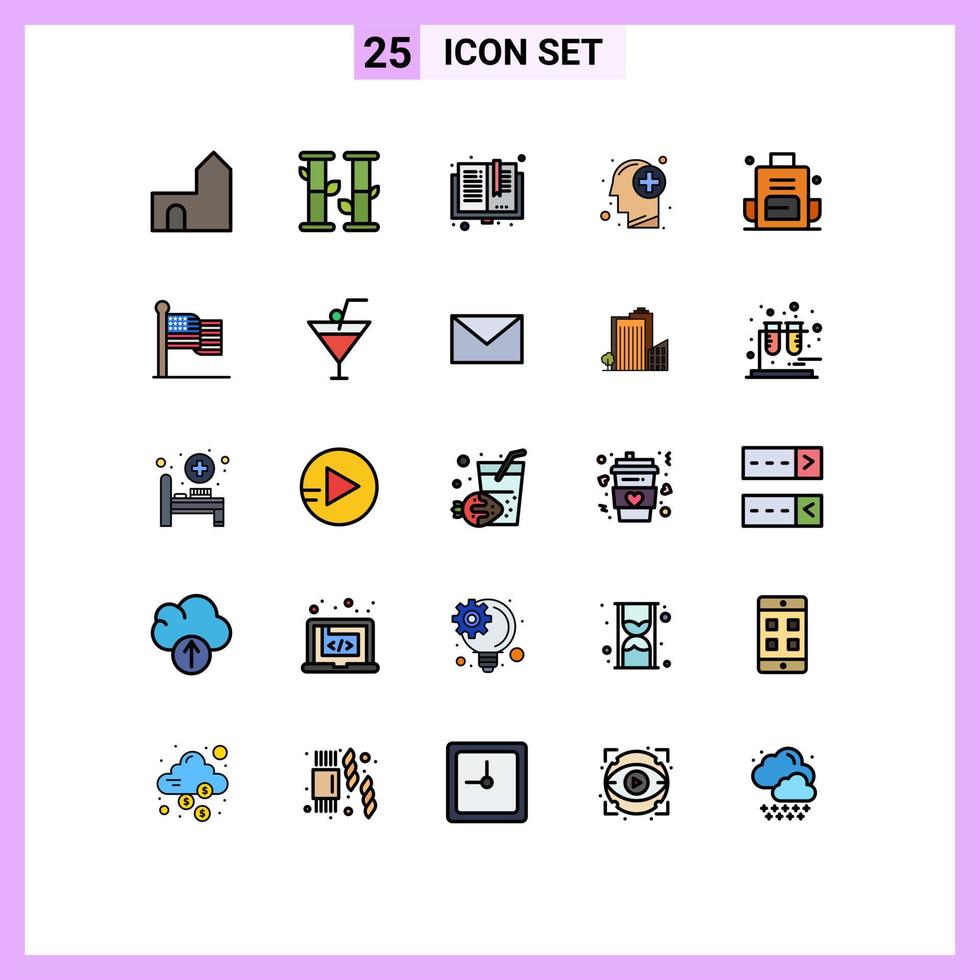 25 iconos creativos signos y símbolos modernos de mochila médica regreso a la escuela cuidado de la salud leer elementos de diseño vectorial editables vector