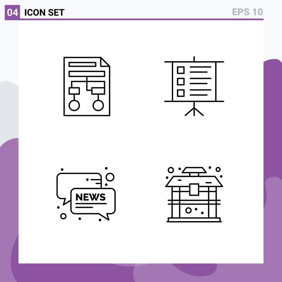 Mobile Interface Line Set of 4 Pictograms of graph conversation wireframe text news Editable Vector Design Elements