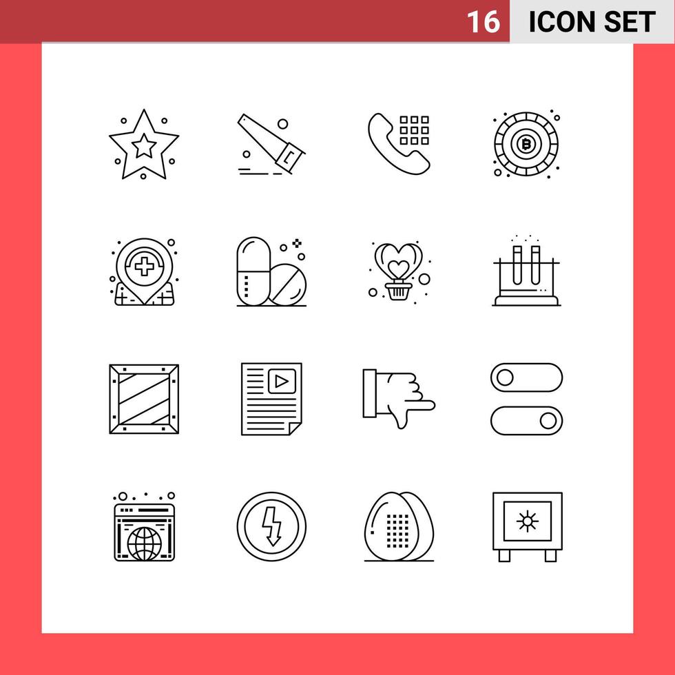 Group of 16 Modern Outlines Set for healthcare location phone hospital token Editable Vector Design Elements