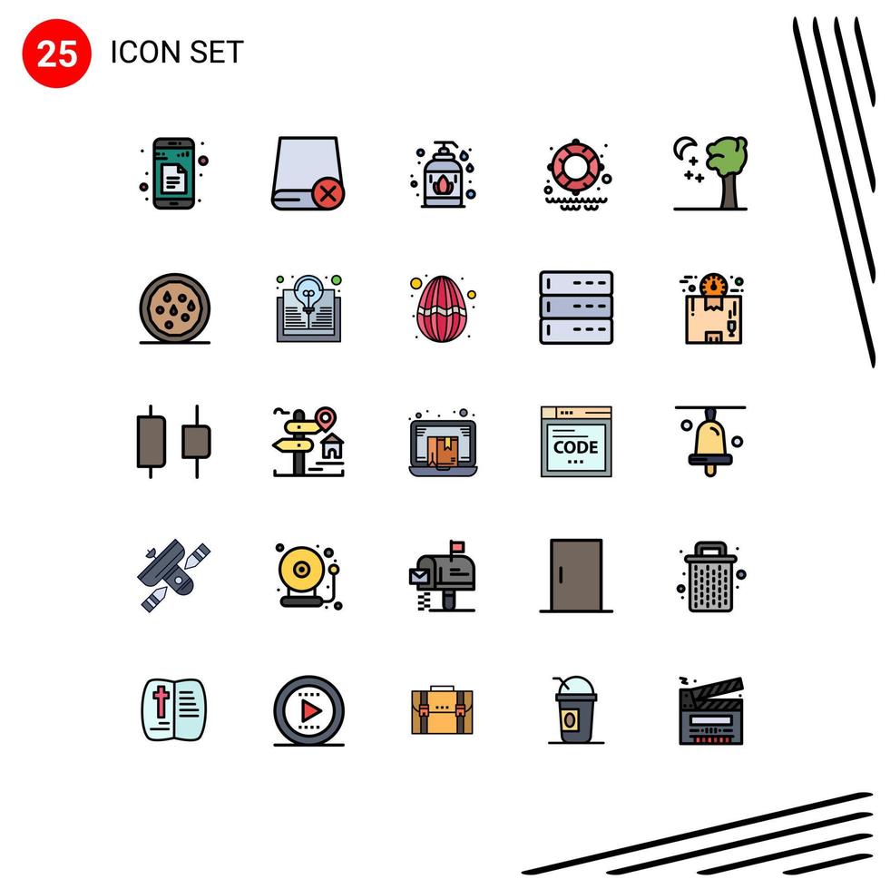 Group of 25 Modern Filled line Flat Colors Set for night arbor hardware park lifesaver Editable Vector Design Elements